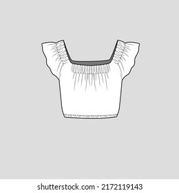 Gathering Ruched Crop Top Square Neck Kimono Sleeve Gathering Detail Cropped Fashion T Shirt Top Blouse Tunic Dress Flat Sketch Technical Drawing Template Design Vector