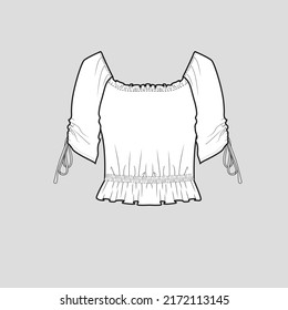 Gathering Ruched Frill Knotted crop top Square neck Waist Gathering ruched detail Elbow sleeve Knot tie Ruffles Hem fashion t shirt top blouse dress flat sketch technical drawing template design