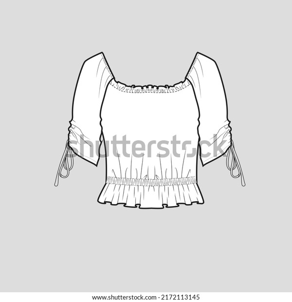 Gathering Ruched Frill Knotted crop top Square\
neck Waist Gathering ruched detail Elbow sleeve Knot tie Ruffles\
Hem fashion t shirt top blouse dress flat sketch technical drawing\
template design