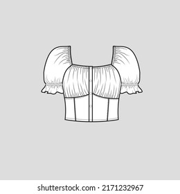 Gathering Ruched Frill Sleeve Crop top Square neck button panel Gathering ruched detail frill Short sleeve cropped  fashion t shirt top blouse flat sketch technical drawing template design vector