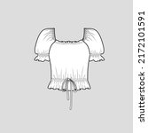 Gathering Ruched Frill Sleeve Knotted crop top Square neck Waist Knot tie  short sleeve tie up Ruffles frill Hem fashion t shirt top blouse dress flat sketch technical drawing template design