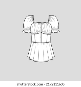 Gathering Ruched Frill Sleeve  top Square neck button panel Gathering ruched detail frill Short sleeve Ruffles  fashion t shirt top blouse dress flat sketch technical drawing template design vector