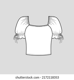 Gathering Ruched Knotted Sleeve crop top Square neck Knot tie ruched detail short sleeve tie up Ruffles frill Hem fashion t shirt top blouse dress flat sketch technical drawing template design vector