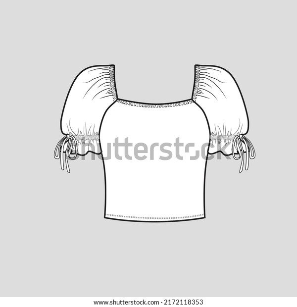 Gathering Ruched Knotted Sleeve crop top Square\
neck Knot tie ruched detail short sleeve tie up Ruffles frill Hem\
fashion t shirt top blouse dress flat sketch technical drawing\
template design\
vector