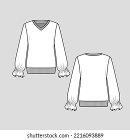 Gathering Ruffle Hem Knotted Sleeve Sweatshirt Top V Neck Ribbed Hem Winter Fashion  Flat Sketch  Template Drawing