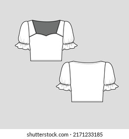 Gathering Ruffle Sleeve lettuce hem Crop top v neck Gathering ruched detail frill Short sleeve cropped lettuce fashion t shirt top blouse flat sketch technical drawing template design vector