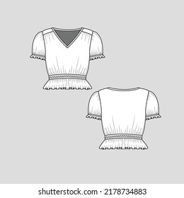 Gathering Ruffles Frill Sleeve Crop top V neck Waist panel zigzag stitches Gathering Ruffle hem Short Sleeve  fashion t shirt top blouse flat sketch technical drawing template design vector