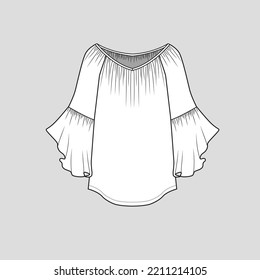 Gathering Ruffles Top wide neck gathering long bell sleeve Ruffles hem dip hem cad flat sketch drawing template