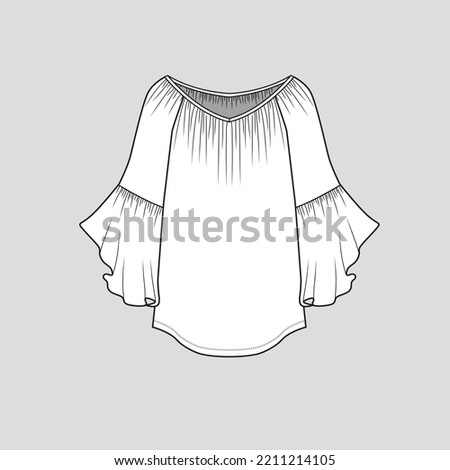 Gathering Ruffles Top wide neck gathering long bell sleeve Ruffles hem dip hem cad flat sketch drawing template