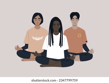 A gathering of serene young individuals practicing meditation in the lotus yoga pose, embodying the essence of a mindful lifestyle