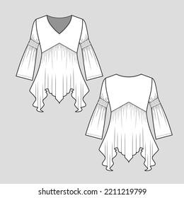 Gathering Smocked Ruffles hem Top v neck long smocking sleeve flat sketch drawing template