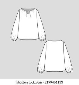 Gathering Tie Knot notch neck top Knotted neck tie up Long Gathering hem Sleeve blouse Fashion flat sketch cad template drawing design