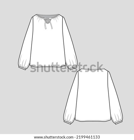 Gathering Tie Knot notch neck top Knotted neck tie up Long Gathering hem Sleeve blouse Fashion flat sketch cad template drawing design