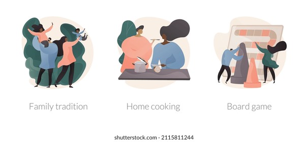 Gathering together abstract concept vector illustration set. Family tradition, home cooking, board games, home party, food recipes, fun activity idea, traditional meal, celebration abstract metaphor.