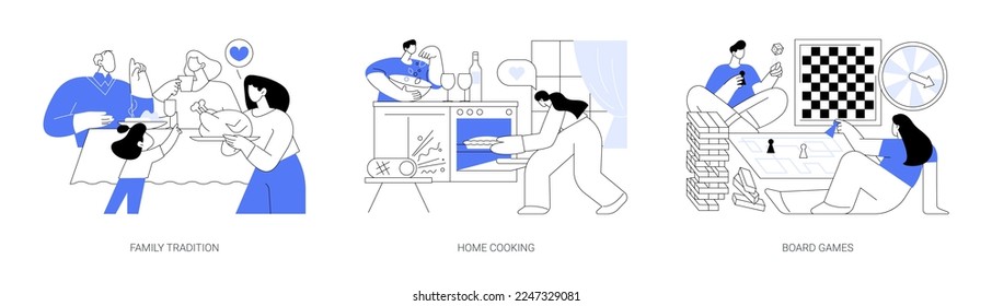 Gathering together abstract concept vector illustration set. Family tradition, home cooking, board games, home party, food recipes, fun activity idea, traditional meal, celebration abstract metaphor.