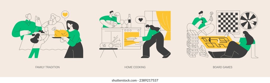 Gathering together abstract concept vector illustration set. Family tradition, home cooking, board games, home party, food recipes, fun activity idea, traditional meal, celebration abstract metaphor.