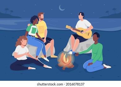 Gathering together around campfire flat color vector illustration. Beach trip. Roasting marshmallows and playing guitar. Camping with friends 2D cartoon characters with night beach on background