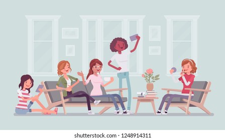 Gathering of women for hen party or fun. Group of female friends hang out at home, enjoy music, drink, socialize, attractive girls relax in amusement, enjoyment. Vector flat style cartoon illustration