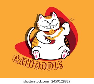 Ilustración gato comiendo fideos vectorial 