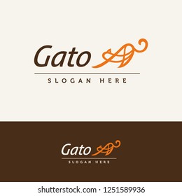 Gato logo. Silhouette brown orange cat logotype. Stretching cat template