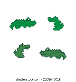 gator 8 bit, Cartoon green crocodile danger predator and wildlife river reptile carnivore alligator pixel art isolated vector illustration. Flat style icon. Element design for stickers, log