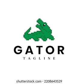 gator 8 bit logo, Cartoon green crocodile danger predator and wildlife river reptile alligator pixel art isolated vector illustration.