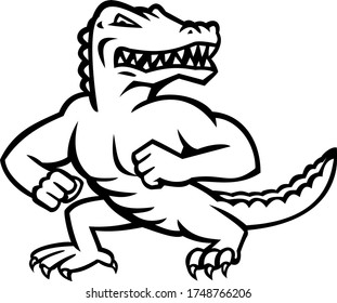 Gator or Alligator Standing in Fighting Stance Mascot Black and White