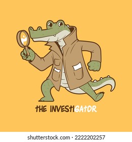 Gator detective character vector illustration. Funny, Nature, brand design concept.