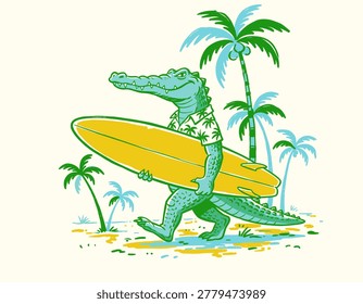 Gator surfing, palm trees, beach, summer fun, cartoon reptile, surfboard design, tropical illustration, hawaiian style art, ocean