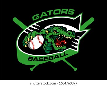 gators baseball team logo design with mascot head holding ball and crossed bats for school, college or league