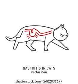 Gatritis in cats. Linear icon, pictogram, symbol. Common disease. Veterinarian concept. Editable isolated vector illustration in outline style on a white background