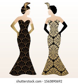 Gatsby Art Deco Illustration Design with Women in Gold Pattern Dress