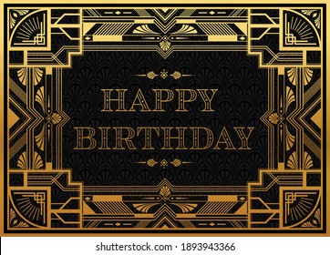 Gatsby birthday greetings template Art deco geometric vintage frame can be used for invitation, congratulation great gatsby party themes elements gold and  Copper color with craft style on background.