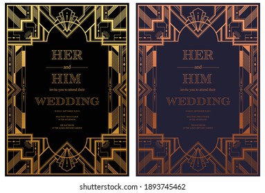 Gatsby card greetings template Art deco geometric vintage frame can be used for invitation, congratulation great gatsby party themes elements gold and  Copper color with craft style on background. 