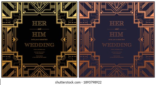 Gatsby Card Greetings Template Art Deco Geometric Vintage Frame Can Be Used For Invitation, Congratulation Great Gatsby Party Themes Elements Gold And  Copper Color With Craft Style On Background. 