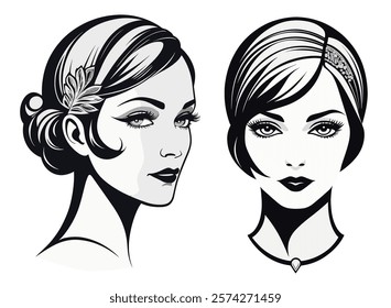 Gatsby glitz detailed side part updo hair and One side bangs short bob with bejewelled headpiece in the Gatsby style era of 1920s