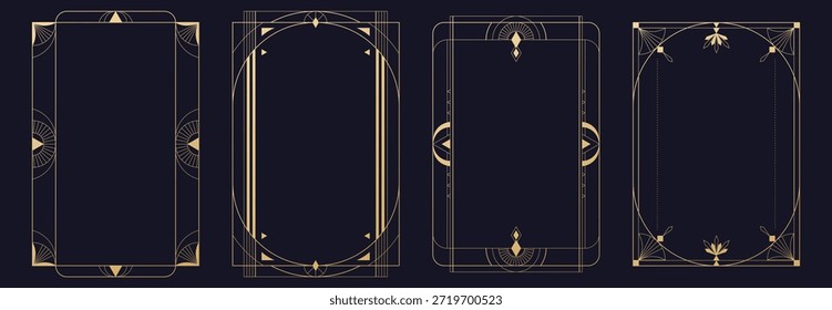 Marcos dorados de estilo Gatsby con motivos geométricos y adornos de lujo. Antiguas deco bordea el diseño con líneas elegantes, Elementos decorativos para invitaciones de boda o carteles y Anuncios de la década de 1920.