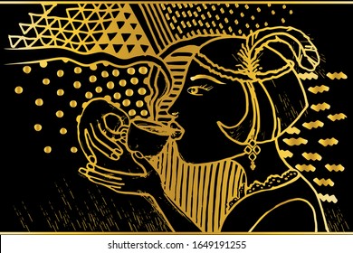 Gatsby woman drinking coffee. Royal geometric ornament with gold shapes and lines. Retro style Girl enjoys coffee on a black background. Art Deco atmosphere of the era. Hand drawn vector