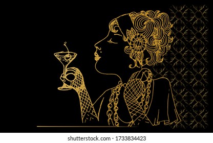 Gatsby Woman Drinks Cocktails And Has Fun. Lady In The Bar Holds A Glass Of Wine In Her Hand. Art Deco Vintage Style Hand Drawn Illustration. Gold Lines On Black Background