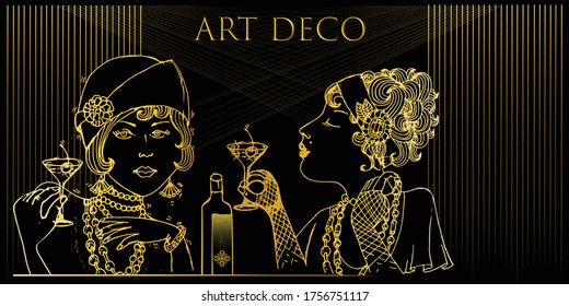 Gatsby women drinking wine or cocktails in the luxury bar. Vintage glamour of the 20's. Flapper girls. Art Deco woman. Menu in the bar or in the restaurant. Retro party invitation card. Sketch vector