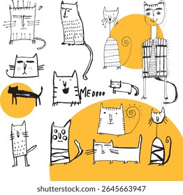 gatti matti disegnati a mano su sfondo arancio disegno infantil