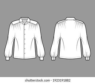 Gaucho blouse technical fashion illustration with dolman puff long sleeves, open collar, oversized, button up. Flat apparel top template front, back, white color. Women, men unisex CAD mockup