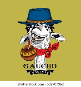 Gaucho Giraffe portrait in a blue hat, in a red cravat and with a cup of a mate tea. Vector illustration.