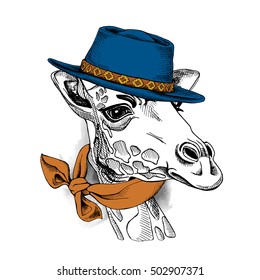 Gaucho Giraffe portrait in a blue hat and in a beige cravat. Vector illustration.