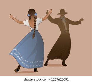 Gaucho with mustache and hat and woman with braids dancing typical dance of South America