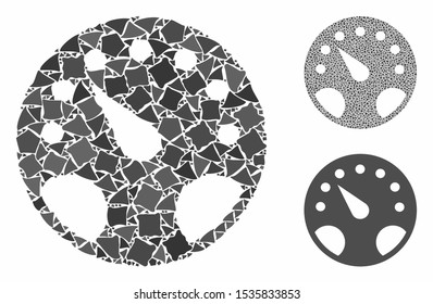 Gauge composition of bumpy elements in various sizes and color tones, based on gauge icon. Vector tuberous elements are organized into mosaic. Gauge icons collage with dotted pattern.