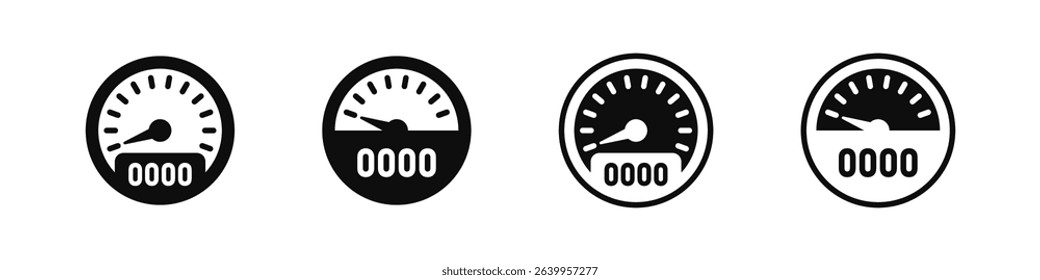 Gauge and dashboard icons with dial and display elements. Speed, pressure, or performance meters in vector design set.
