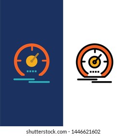Gauge, Dashboard, Meter, Speed, Speedometer  Icons. Flat and Line Filled Icon Set Vector Blue Background
