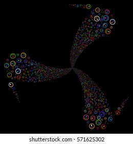 Gauge fireworks swirl rotation. Vector illustration style is flat bright multicolored iconic symbols on a black background. Object whirlpool combined from random pictographs.