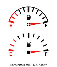 Gauge of fuel. Guage of gas, gasoline. Full or empty tank of petrol or diesel in car. Indicators on dashboard in auto. Dial of measurement, level, control power. Efficiency of pump equipment. Vector.